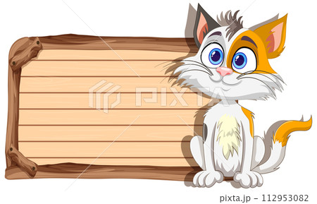 Cute Cat with Blank Wooden Sign Cute Cat with Blank Wooden Sign 112953082