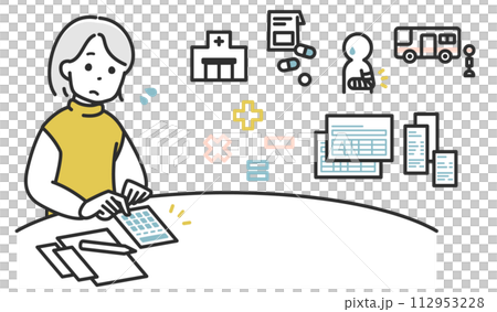 Illustration material of an elderly woman calculating medical expenses Illustration material of an elderly woman calculating medical expenses 112953228