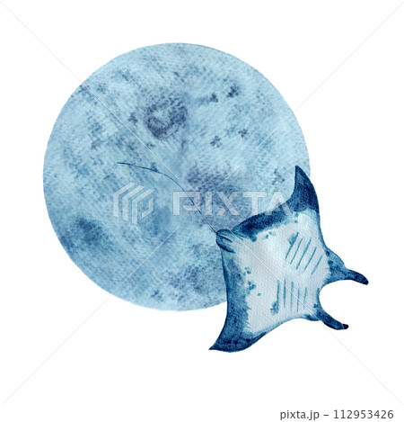 Watercolor hand-drawn manta ray and a moon composition isolated on white 112953426