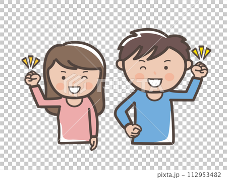 Upper body illustration of a motivated young man and woman doing a guts pose 112953482