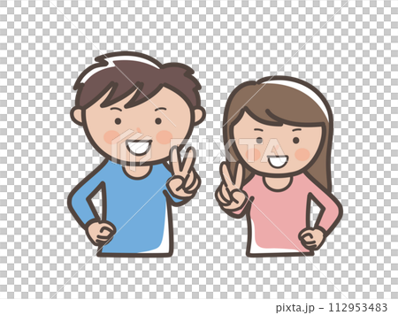 Upper body illustration of a young man and woman cheerfully doing a peace pose 112953483