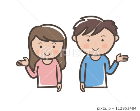 手のひらを広げて案内、説明をする若い男女の上半身イラスト 112953484