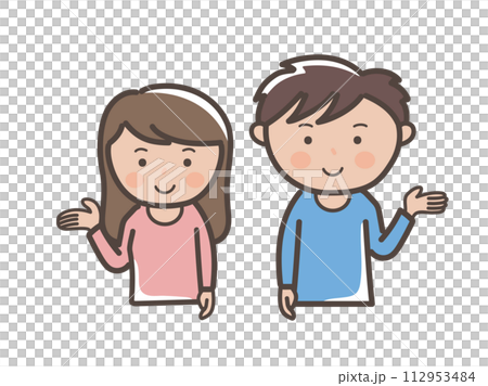 Upper body illustration of a young man and woman giving guidance and explanations with their palms outstretched 112953484