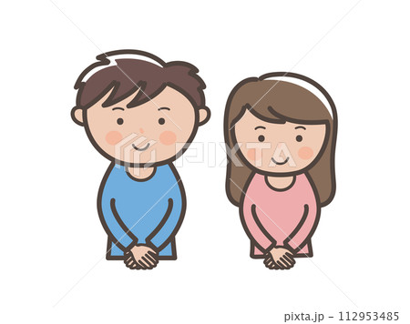 手を前で組んで笑顔の若い男女の上半身イラスト 112953485