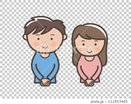 手を前で組んで笑顔の若い男女の上半身イラスト 112953485