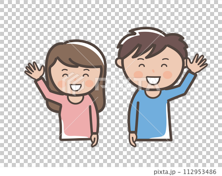 Upper body illustration of a young man and woman greeting cheerfully with a smile 112953486