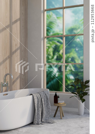 A contemporary luxurious bathroom features a bathtub near the large window with green garden view. A contemporary luxurious bathroom features a bathtub near the large window with green garden view. 112953668
