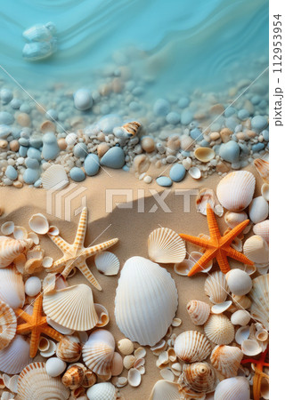Beach summer vacation banner concept. Seashells and starfish lie on the sand, top view, flat lay, copy space Beach summer vacation banner concept. Seashells and starfish lie on the sand, top view, flat lay, copy space 112953954
