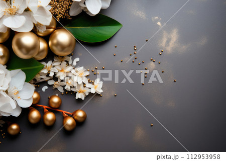 Banner with flowers on brown background. Greeting card template for Wedding, mothers or woman day. Springtime composition with copy space. Flat lay style Banner with flowers on brown background. Greeting card template for Wedding, mothers or woman day. Springtime composition with copy space. Flat lay style 112953958