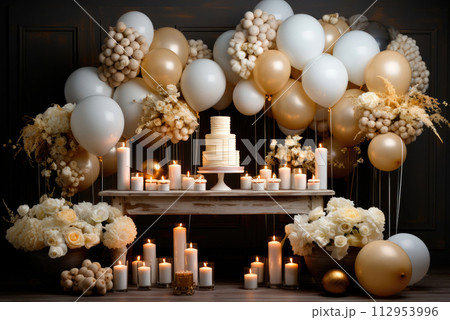 Candy bar with a birthday cake in light colours with balloons 112953996