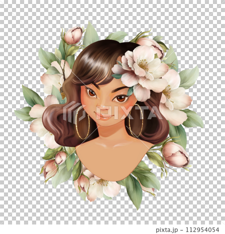 Cute portrait of young beautiful woman with flowers. Spring illustration 112954054