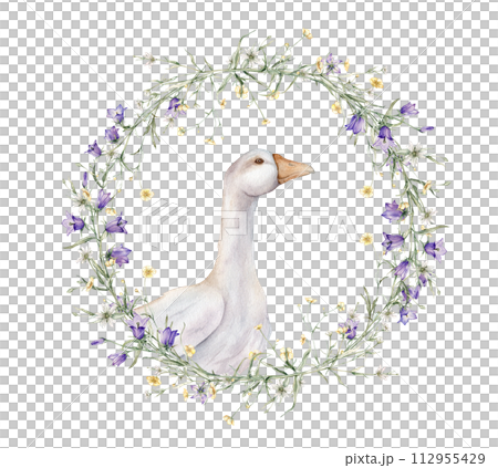 Wreath of yellow buttercup and little flower and violet bluebell. Domestic watercolor goose. Watercolor hand painting illustration on isolate. Circlet of meadow flowers. Botanical summer wildflowers. Wreath of yellow buttercup and little flower and violet bluebell. Domestic watercolor goose. Watercolor hand painting illustration on isolate. Circlet of meadow flowers. Botanical summer wildflowers. 112955429