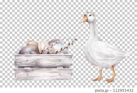 Cute watercolor illustration wooden box made of white gray with chicken and quail eggs and willow branches and white goose. wooden boards. Hand drawn easter illustration isolated on background. 112955432