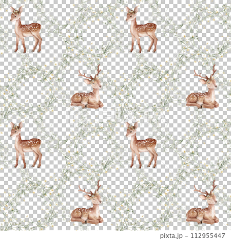 Watercolor seamless pattern baby deer and meadow flowers. Spotted deer isolated on white background. Hand painted wild animal template for fabric. Animal for design print or background. floral branche 112955447