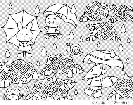 傘をさす可愛い動物たちの塗り絵 112955655