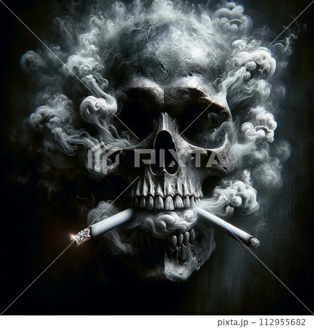 Flaming Skull with Cigarette Symbolizing Danger Flaming Skull with Cigarette Symbolizing Danger 112955682