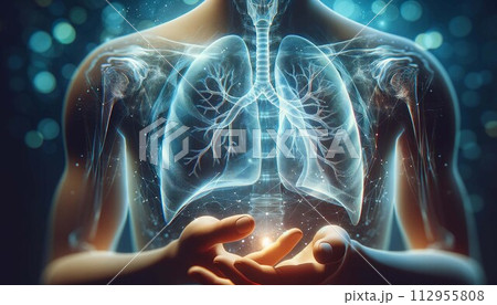 Digital x ray of human lungs holographic scan projection on blurred background .AI Generate Digital x ray of human lungs holographic scan projection on blurred background .AI Generate 112955808