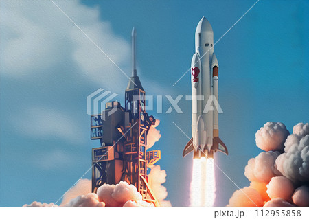 New Ship flies to another planet. Spaceship takes off into the starry sky. Rocket starts into space. Concept New Ship flies to another planet. Spaceship takes off into the starry sky. Rocket starts into space. Concept 112955858