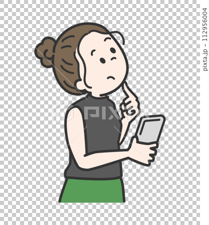 スマホを持って考える女性 スマホを持って考える女性 112956004