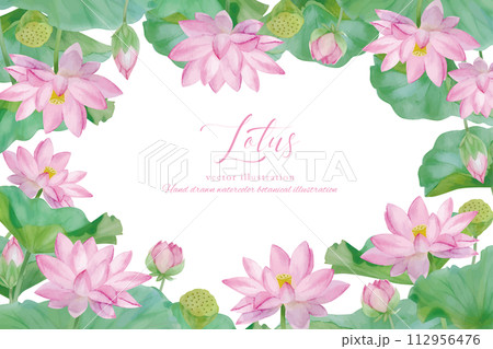 水彩手書きの蓮の花を装飾した葉の背景素材 112956476