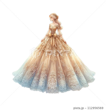 ラグジュアリーウェディングドレス姿の女性横向き　イラスト　Generative AI 112956569