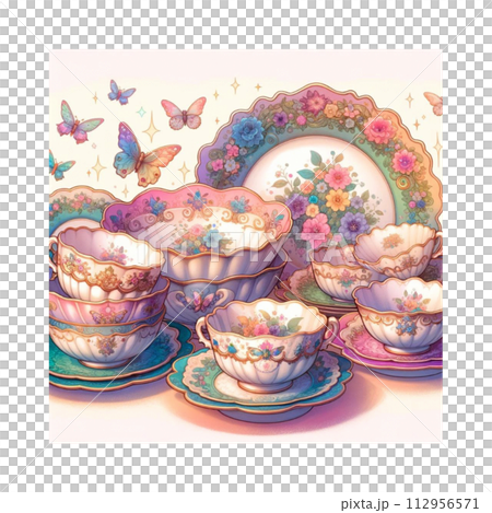 花卉圖案荷葉邊揮舞著茶杯生成AI 112956571