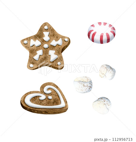 Christmas gingerbread cookies, candy and marshmallow watercolor illustration set isolated on white. Winter holidays dessert of star and heart shape for New year designs, greeting cards and recipes Christmas gingerbread cookies, candy and marshmallow watercolor illustration set isolated on white. Winter holidays dessert of star and heart shape for New year designs, greeting cards and recipes 112956713
