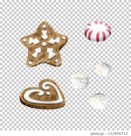 Christmas gingerbread cookies, candy and marshmallow watercolor illustration set isolated on white. Winter holidays dessert of star and heart shape for New year designs, greeting cards and recipes Christmas gingerbread cookies, candy and marshmallow watercolor illustration set isolated on white. Winter holidays dessert of star and heart shape for New year designs, greeting cards and recipes 112956713