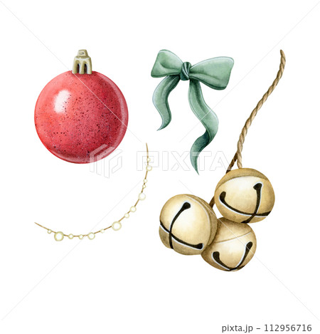 Christmas ornaments watercolor illustration set isolated on white with red ball, green bow, glowing garland and jingle bells for winter holidays design and New Year greeting cards Christmas ornaments watercolor illustration set isolated on white with red ball, green bow, glowing garland and jingle bells for winter holidays design and New Year greeting cards 112956716