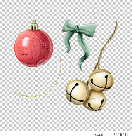 Christmas ornaments watercolor illustration set isolated on white with red ball, green bow, glowing garland and jingle bells for winter holidays design and New Year greeting cards Christmas ornaments watercolor illustration set isolated on white with red ball, green bow, glowing garland and jingle bells for winter holidays design and New Year greeting cards 112956716