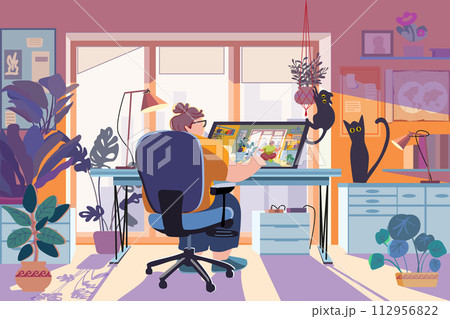 Fat woman working on a laptop while sitting at the table in a cozy interior. Adult or young programmer guy employee or student, wearing casual plus size wear. Vector flat style cartoon illustration Fat woman working on a laptop while sitting at the table in a cozy interior. Adult or young programmer guy employee or student, wearing casual plus size wear. Vector flat style cartoon illustration 112956822