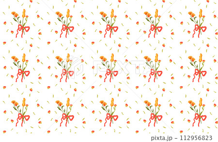 Seamless pattern with wild flowers. Summer floral background in retro style. Bright backdrop for wallpaper and fabric with a bouquet. Suitable for cards, backgrounds and invitations. For bed linen 112956823