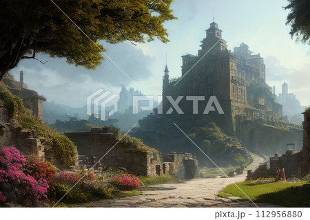 Beautiful old house in the woods in autumn, illustration generated by AI 112956880