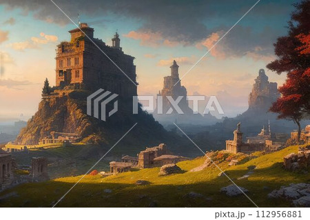 Beautiful old house in the woods in autumn, illustration generated by AI 112956881