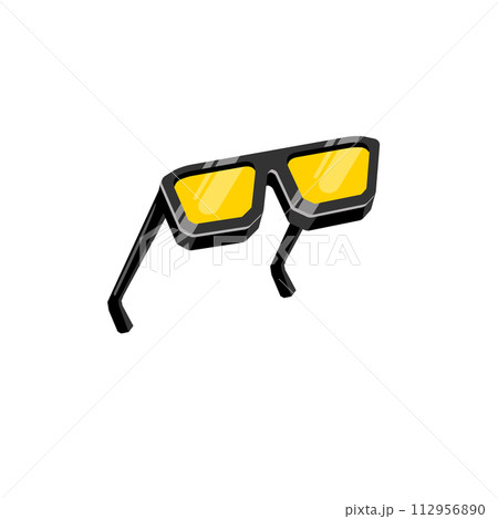 Black sunglasses with yellow lens isolated on white background. Cartoon funny kids pink summer sunglasses icon, label and sign. Cool hipster Sunglasses vector graphic illustration 112956890