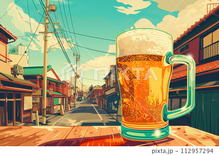 古い路地のテラス席でおいしい生ビール 112957294