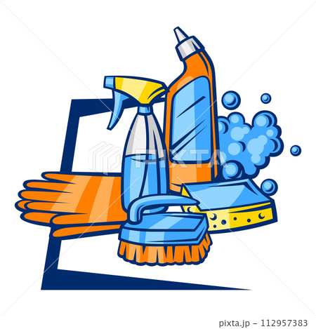 Background with cleaning items. Housekeeping illustration for service and advertising. 112957383