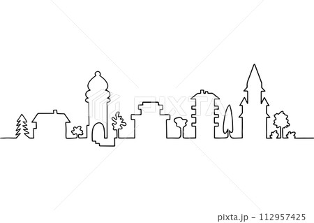 Continuous line art houses, single line sketch, isolated on white background. One continuous line drawing. Continuous line art houses, single line sketch, isolated on white background. One continuous line drawing. 112957425