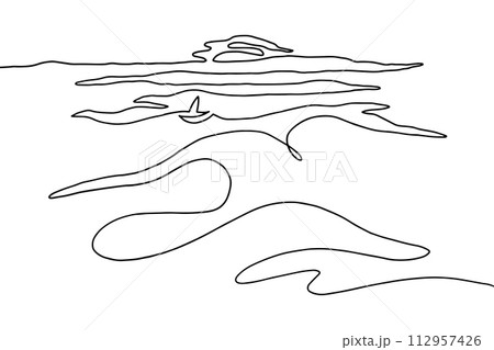 Continuous line art sea coast landscape, single line sketch, isolated on white background. One continuous line drawing. 112957426