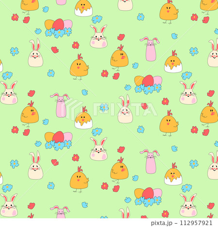 Seamless pattern with Easter chickens, hares, eggs in a nest. Daisies on a green background for baby products. Cute rabbits for baby clothes. Flat vector illustration for printing packaging, fabric 112957921