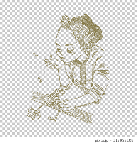 一個女孩吹花瓣的線條畫插圖 112958109