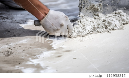 Workers smooth out the rough floor with a hand scraper.AI Generated 112958215