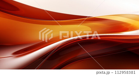 抽象横長バナー。白背景に透明感のある立体的なオレンジと茶色のグラデーションの波。AI生成画像 抽象横長バナー。白背景に透明感のある立体的なオレンジと茶色のグラデーションの波。AI生成画像 112958381
