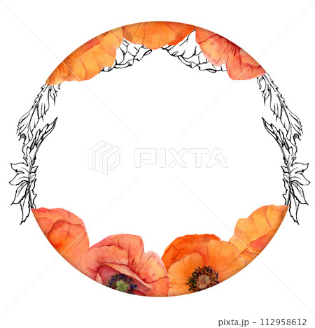 Hand drawn watercolor botanical illustration flowers leaves. Red poppy papaver, stems buds seedpods. Wreath frame isolated on white background. Design wedding, love cards, remembrance day stationery Hand drawn watercolor botanical illustration flowers leaves. Red poppy papaver, stems buds seedpods. Wreath frame isolated on white background. Design wedding, love cards, remembrance day stationery 112958612
