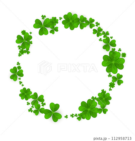 Realistic shamrock wreath. Round Clover frame. Green leaves floral garland. Trefoil border. 112958713