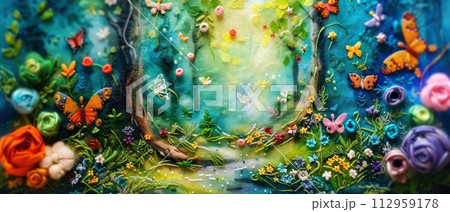 Discover a whimsical world in this vibrant embroidery art. Lush textures and vivid colors 112959178