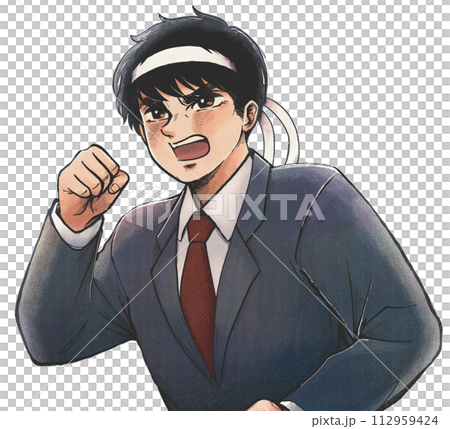 A businessman wearing a headband and cheering in the style of a graphic novel 112959424