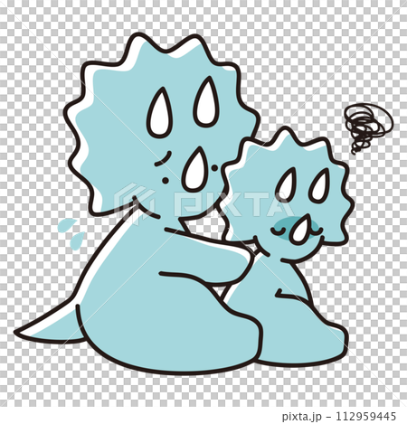 Illustration of a worried-looking Triceratops parent and child rubbing the back of a child who seems to be in pain 112959445