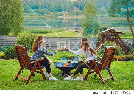 Two friends clinking glasses in backyard 112959507