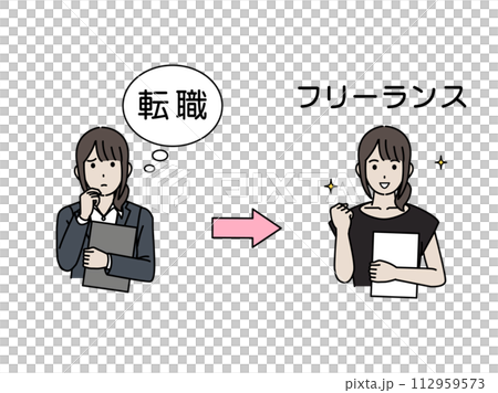 転職に悩み会社員からフリーランスになる女性のイラスト 転職に悩み会社員からフリーランスになる女性のイラスト 112959573
